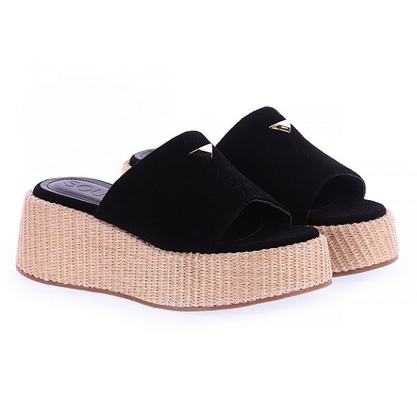 Flat Siena solado Ráfia e Couro Camurça Preta