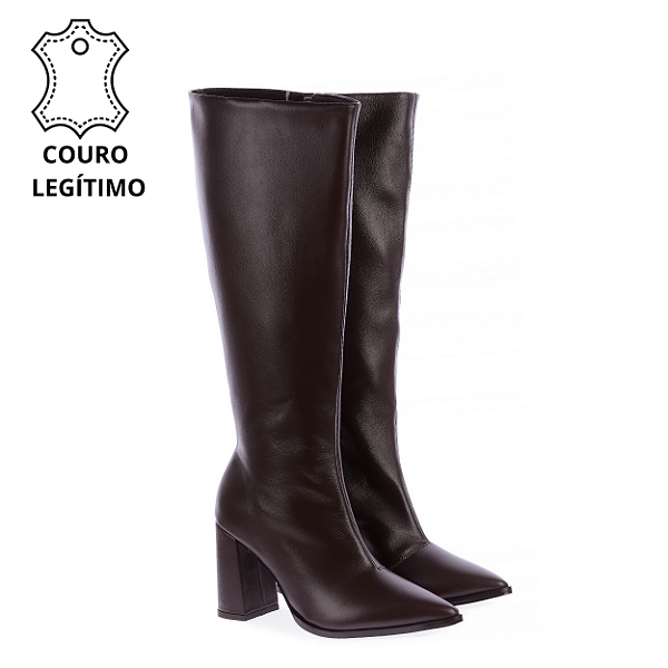 LAURA - Bota Cano Longo e Salto Bloco em Couro Café