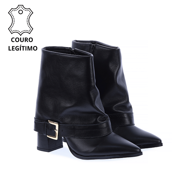 YANKA - Bota Cano Capa e Salto Bloco em Couro Preto