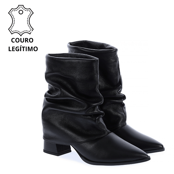 ALANA - Bota Cano Baixo e Capa Slouch e Salto Bloco 5cm em Couro Preto
