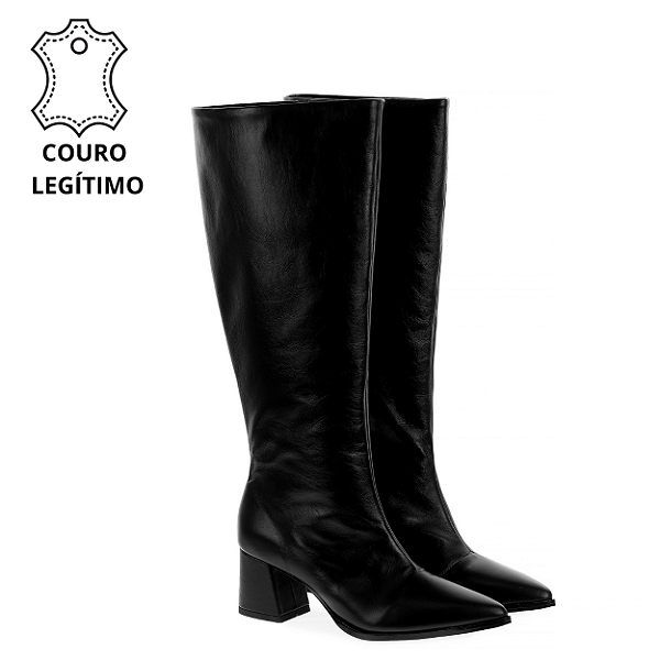 LUIZA - Bota Cano Longo e Salto Bloco 5cm em Couro Preto