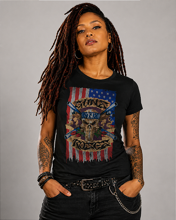 BABY LOOK GUNS N' ROSES SKULL FLAG STAMP BB 442
