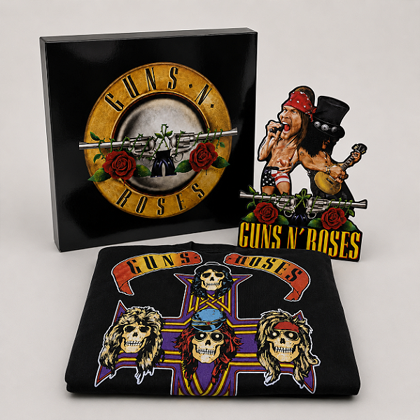 KIT EXCLUSIVO GUNS N' ROSES - CAMISETA + MINI DISPLAY DE MESA + ADESIVO