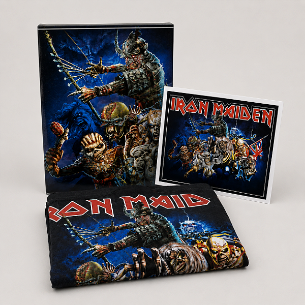 KIT EXCLUSIVO IRON MAIDEN - CAMISETA + BANDEIRA + ADESIVO