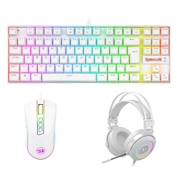Kit Gamer RGB Redragon S125W Lunar White com Mouse, Teclado e Headset