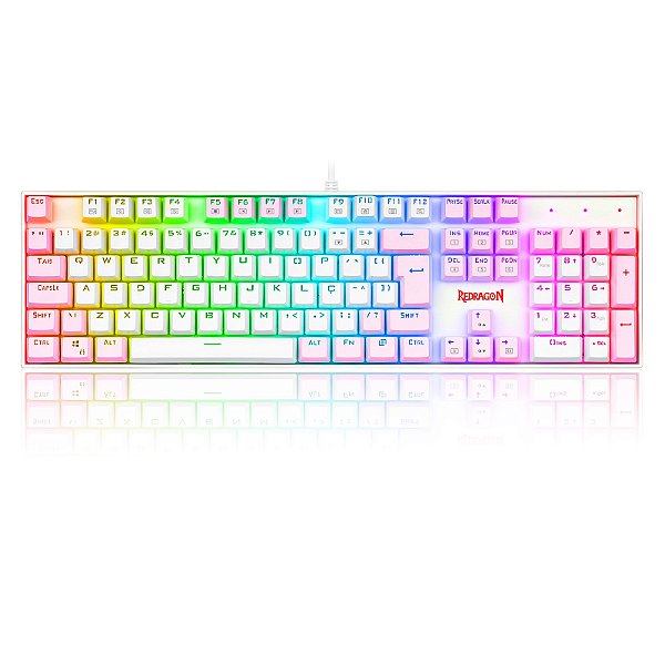 TECLADO MECÂNICO GAMER REDRAGON MITRA BRANCO E ROSA RGB