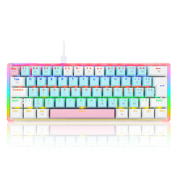 TECLADO MECÂNICO GAMER AKALI KEYCAPS ROSA, AZUL E BRANCO RAINBOW SWITCH MARROM