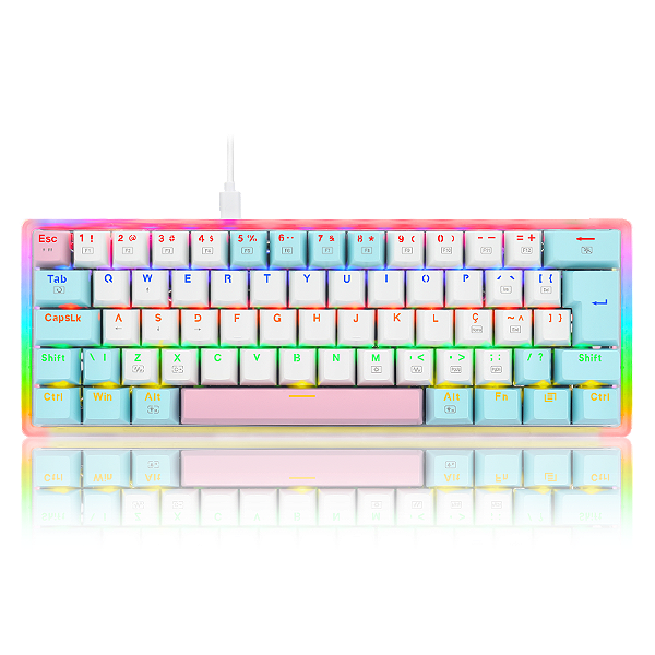 TECLADO MECÂNICO GAMER AKALI KEYCAPS ROSA, BRANCO E AZUL RAINBOW SWITCH MARROM