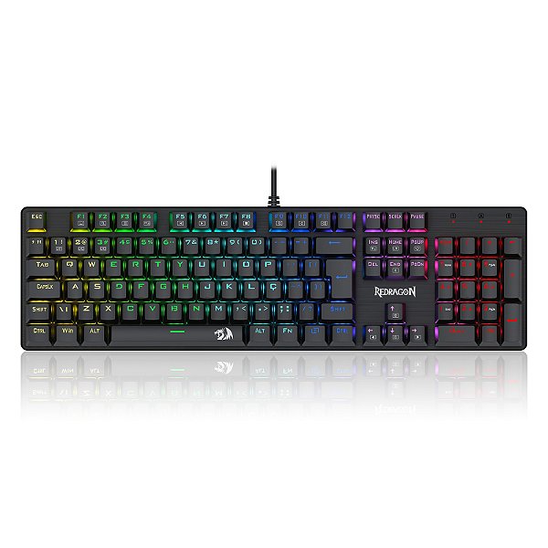 Teclado Mecânico Gamer Redragon Sindri Rainbow, ABNT2, Full Size, Hot Swap, Iluminação Fixa, Switch Redragon – Preto
