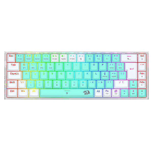 Teclado Sem Fio Redragon Castor Pro Branco com Menta RGB Mecânico 65% com Switch Gentle Mine