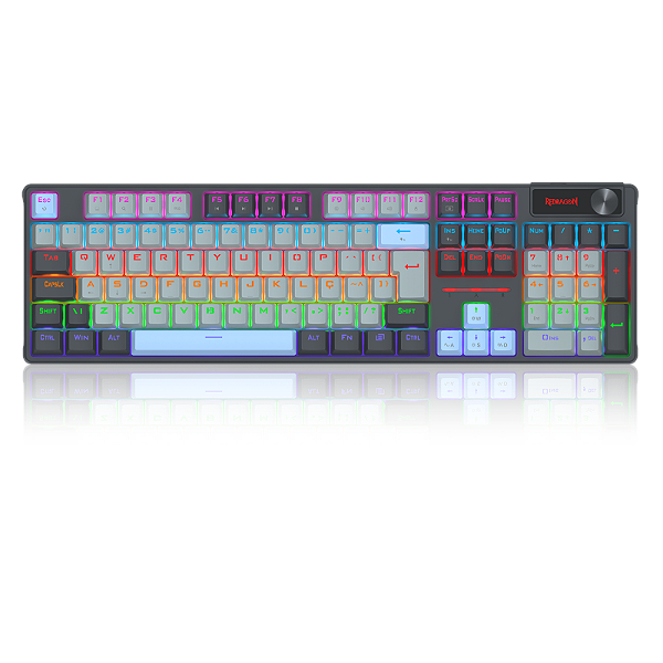 Teclado Mecânico Gamer Redragon Caesura – Switch Marrom, Full Size, Roda de Volume, ABNT2, Cinza/Branco/Azul – K718GB-R