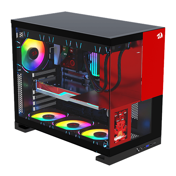 Gabinete Gamer Redragon Eternal Pro Preto e Vermelho com Tela LCD 4.3” Mid Tower Aquário Sem Fans CA-613BR