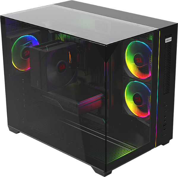 Gabinete Gamer Redragon Wideload Horizon Preto Sem Fans Aquário Micro-ATX Painéis em Vidro Temperado Triplos Bandeja de Fans Lateral Inclinada Compatível com Placas Mãe com Conectores Traseiros USB Tipo-C CA-619B