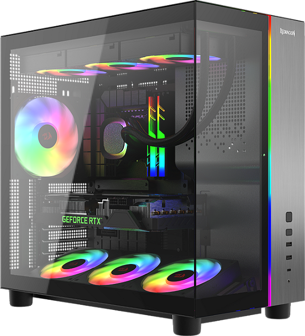 Gabinete Gamer Redragon Wideload Pulse ARGB Aquário Mid Tower Sem Fans USB Tipo-C Painel Vidro Temperado Duplo Acabamento em Metal Escovado Suporte de GPU Integrado CA-620B