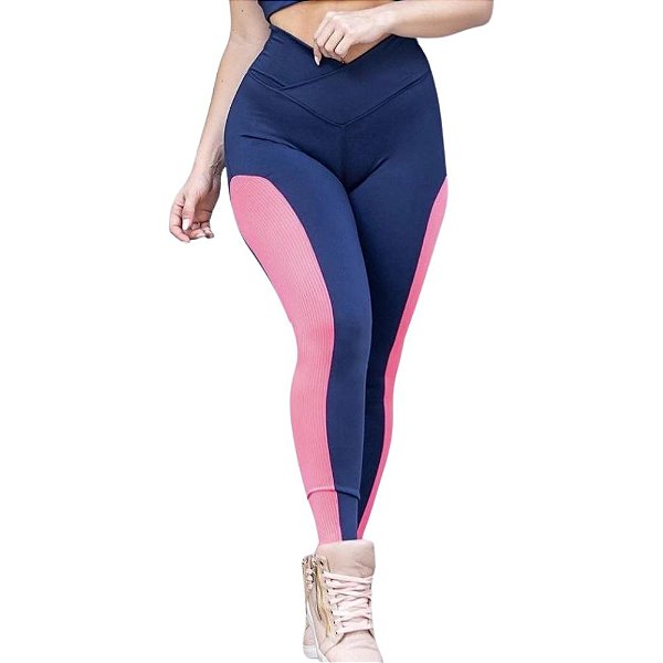 Legging Fitness Feminina com Cós Transpassado e Detalhes Lateral Neon Poliéster