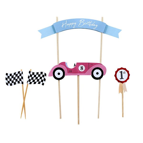 Topo de Bolo Carro Corrida Vintage - Kit c/ 5 unds