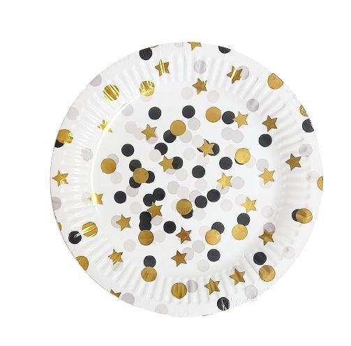 Prato de Papel Poá com Estrelas - Cinza, Prata e Dourado - 10 unds