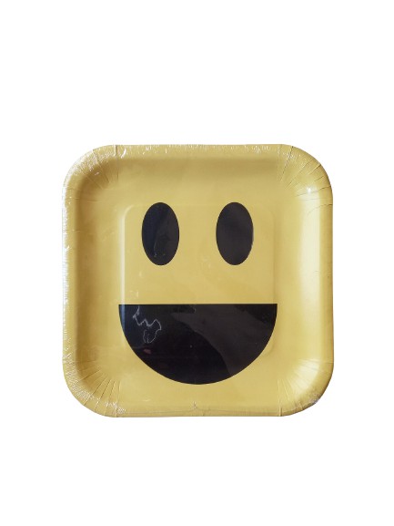 Prato de Papel Quadrado Emoji - Carinha Sorridente com Boca Aberta - 23cm - 10 unds