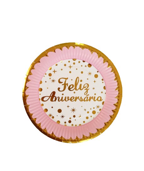 Prato de Papel Feliz Aniversário - Rosa com Dourado - 10 unds