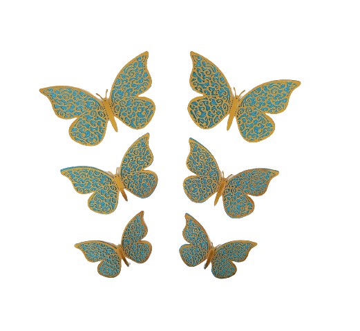 Borboleta 3D Decorativa de Papel - Dourada com fundo Azul - 6 unds