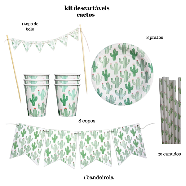 Kit Descartáveis Premium Tema Cactos – 38 Itens para Festa Temática Sustentável e Colorida