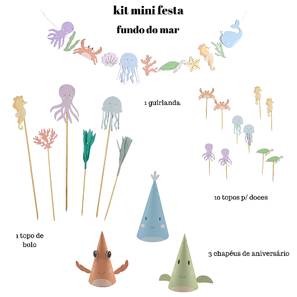 Kit Pronto Mini Festa - Tema Fundo do Mar Infantil - 15 Itens Decorativos