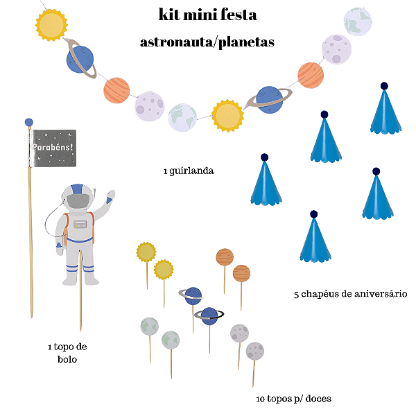 Kit Pronto Mini Festa Astronauta e Planetas - 17 Itens Decorativos