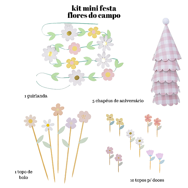 Kit Pronto Mini Festa - Tema Flores do Campo - 17 Itens para Decoração Infantil