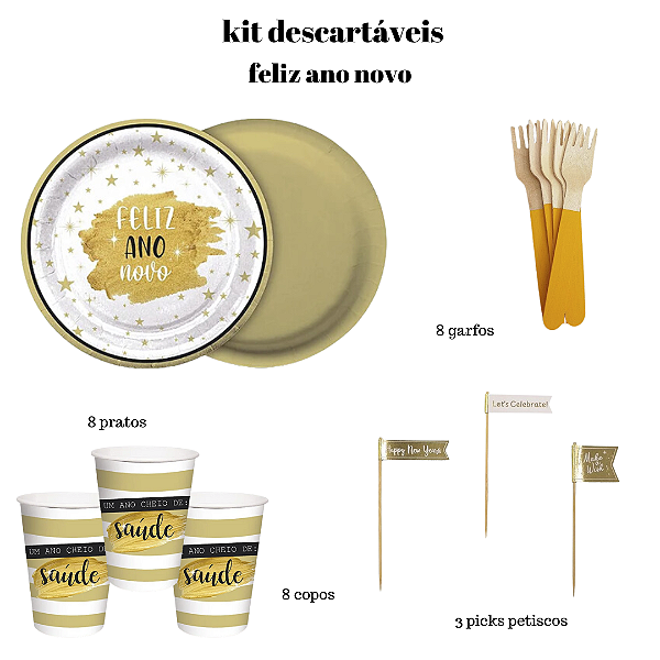 Kit Mini Festa Feliz Ano Novo – 27 Itens – Pratos, Copos, Garfos e Picks Dourados – Decoração de Réveillon Premium