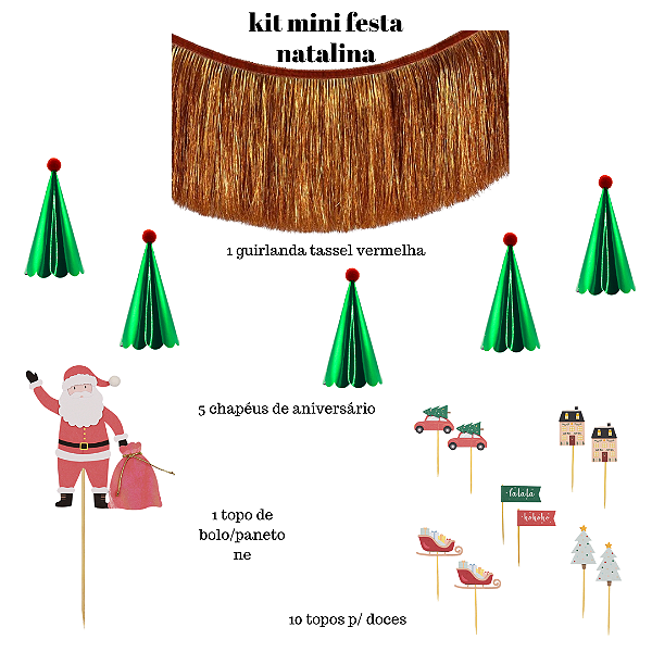 Kit Mini Festa Natalina Completo – Guirlanda, Chapéus e Toppers Decorativos – 17 Itens