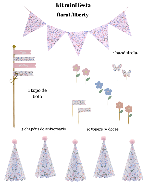 Kit Mini Festa Floral Liberty – 17 Itens Decorativos para Mesa e Comemorações Elegantes
