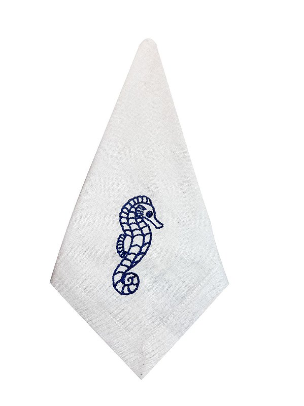 Kit com 2 Guardanapos Linho Branco Bordado Cavalo Marinho