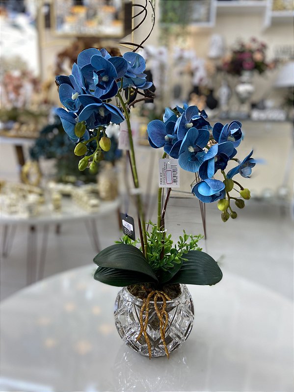 Arranjo de Orquídeas (Toque real - lavável) - Vaso Transparente Vidro/Flores  Azuis - Lustres Karoline