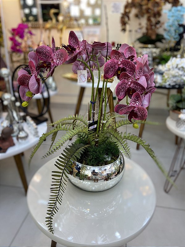 Arranjo de Orquídeas (Toque real - lavável) - Vaso Prata Vidro/Flores Rosas  - Lustres Karoline