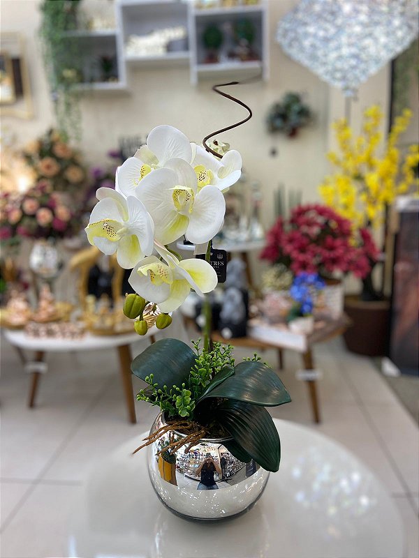 Arranjo de Orquídeas (Toque real - lavável) - Vaso Prata Vidro/Flores  Brancas - Lustres Karoline