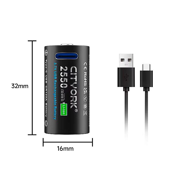 Bateria CR123a Recarregável 2550 mWh - CITYORK