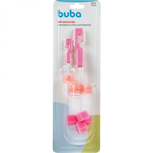 Buba Kit Escova de Limpeza Mamadeira e Bico Buba c/ Esponja Rosa