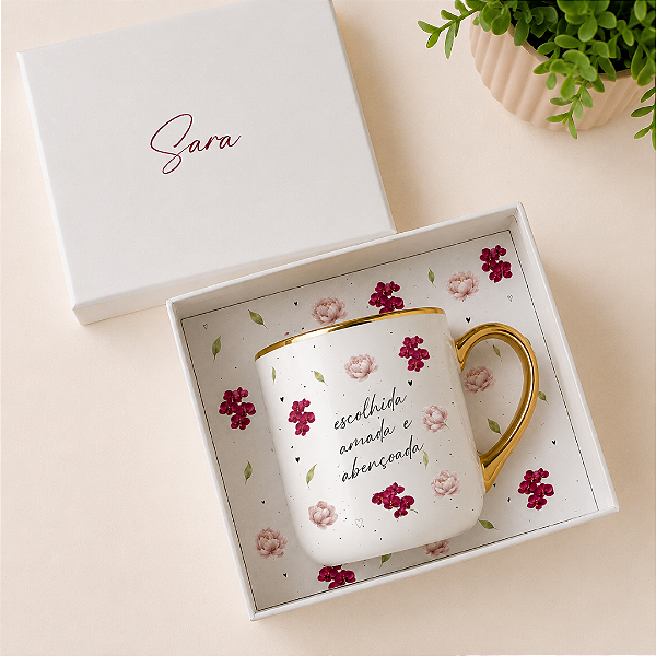 Kit - Caneca + Caixinha | Coleção Cristã | Escolhida, Amada e Abençoada