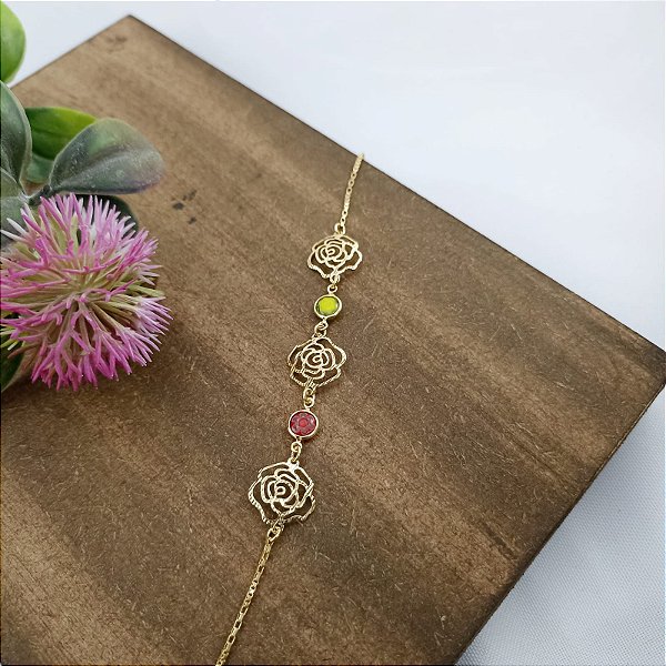 Pulseira Banhada A Ouro Com Rosa Vazada E Resina Pintada Bijou Art