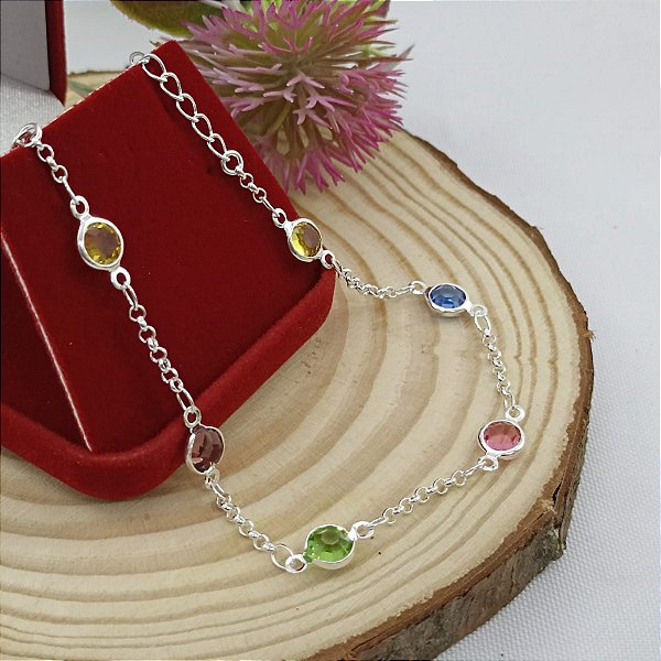Pulseira Banhada A Prata Com Pedras Coloridas Antialergica Bijou Art