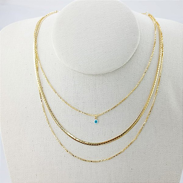 Gargantilha Tripla Banhada A Ouro Com Olho Grego Bijou Art