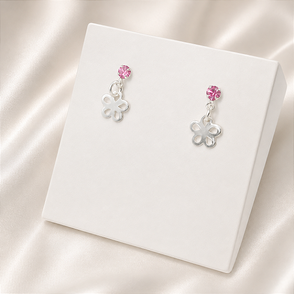 Brinco Infantil Pendurado De Flor Com Strass Banhado A Prata Antialérgica Bijou Art