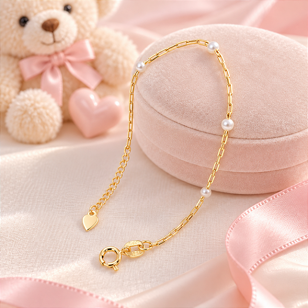 Pulseira Banhada A Ouro Infantil Elo Cartie Com Pérola Bijou Art