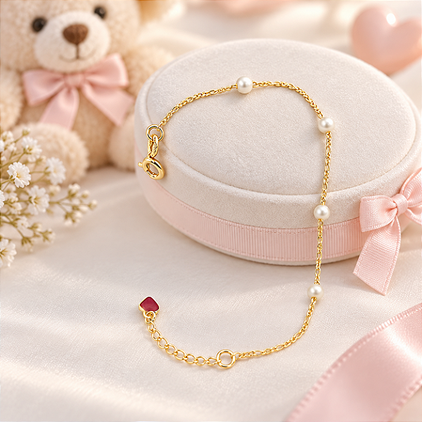 Pulseira Banhada A Ouro Infantil Elo 3x1 Com Pérola Bijou Art
