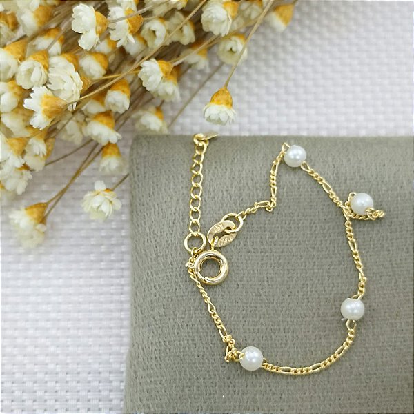 Pulseira Banhada A Ouro Infantil Elo 3x1 Com Pérola Bijou Art