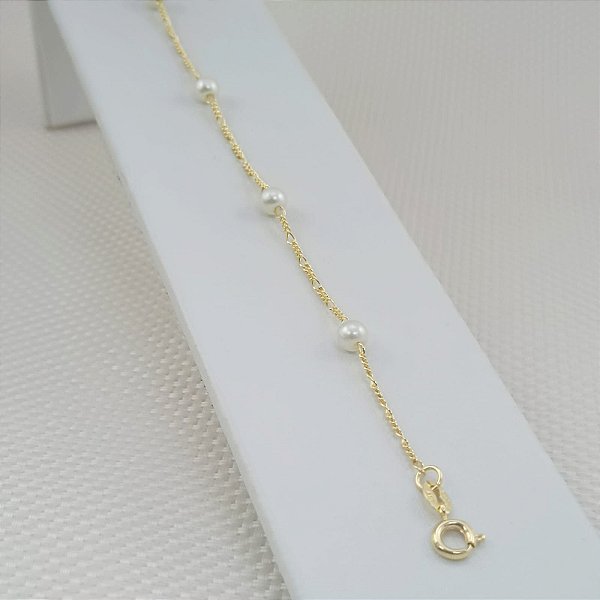 Pulseira Banhada A Ouro Infantil De Elo 3x1 Com Pérola Bijou Art
