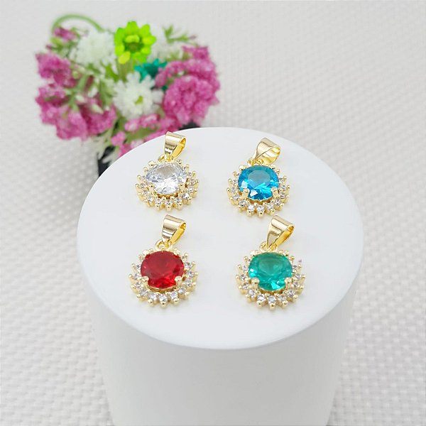Pingente Banhado A Ouro Flor de Pedras Coloridas Bijou Art