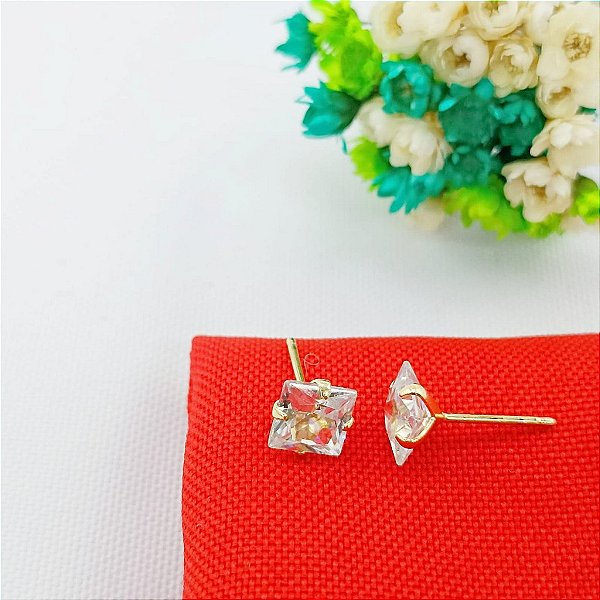 Brinco Fixo De Zircônia Pedra Quadrada 6 mm Banhado A Ouro Bijou Art
