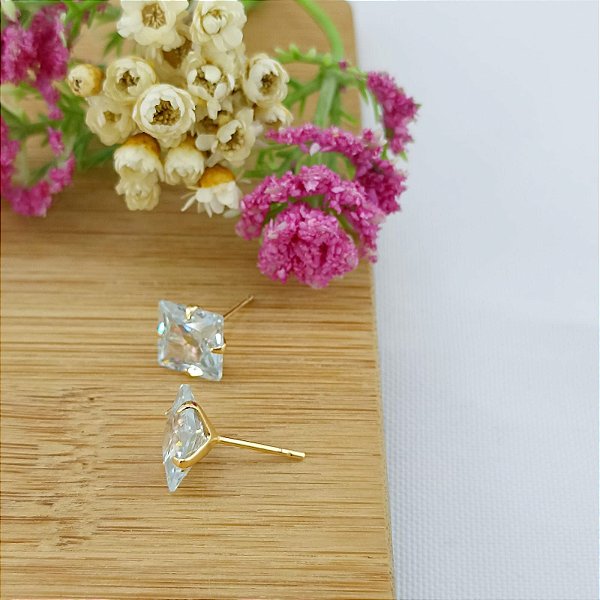 Brinco Fixo De Zircônia Pedra Quadrada 8 mm Banhado A Ouro Bijou Art
