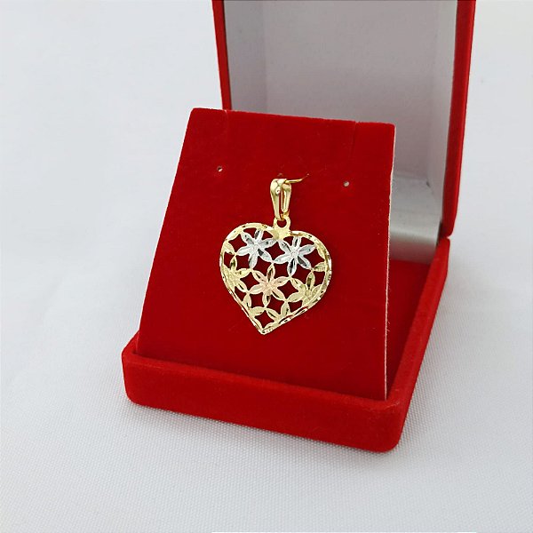 Pingente Banhado A Ouro e Ródio De Coração Com Flores Grande Bijou Art
